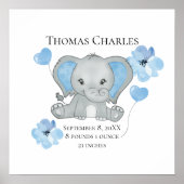 Personalisierter Geburtsstats Baby Elephant Blue G Poster (Vorne)