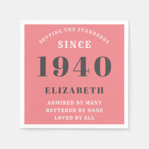 Personalisierter Geburtstag 1940 Rosa Grau Name Ch Serviette