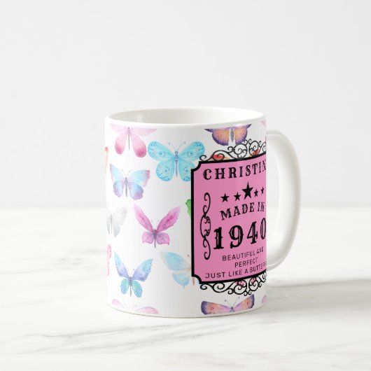 Personalisierter Geburtstag 1940 Schmetterling hin Kaffeetasse (VorderseiteRechts)