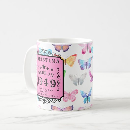 Personalisierter Geburtstag 1949 Schmetterling Ihr Kaffeetasse (Vorderseite Links)