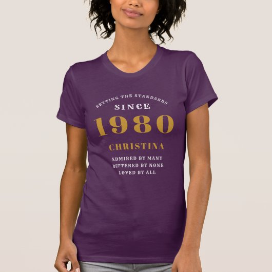 Personalisierter Geburtstag 1980 Lila Goldene Lady T-Shirt (Vorderseite)