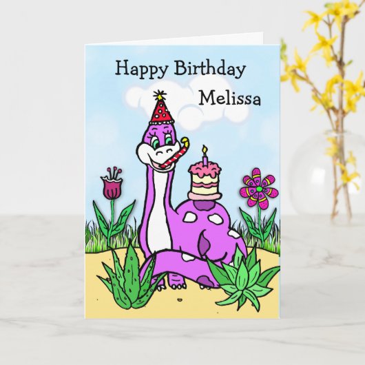 Personalisierter Geburtstag des Dinosauriers Girl Karte (Gelbe Blume)