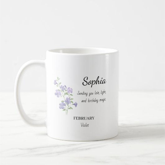 Personalisierter Geburtstag Februar Veilchen Kaffeetasse (Links)