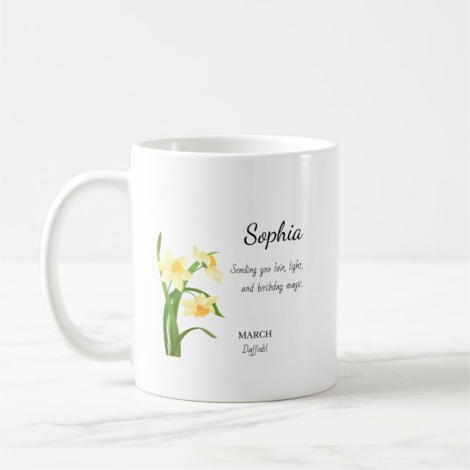 Personalisierter Geburtstag März Narzisse Kaffeetasse (Links)