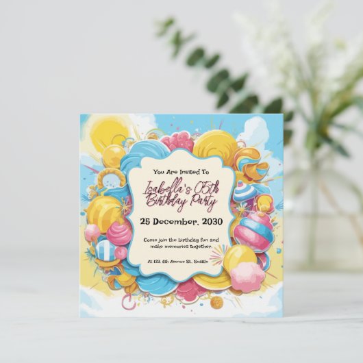 Personalisierter Geburtstag mit Bonbons Einladung (Stehend Vorderseite)