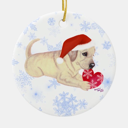 Personalisierter gelber Labrador-Welpen-Sankt Hut Keramik Ornament (Vorne)
