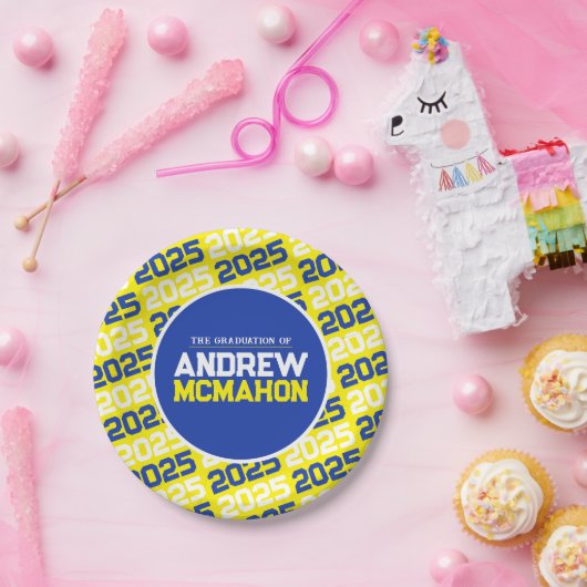 Personalisierter gelber und blauer Abschluss Pappteller (Party)