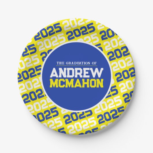 Personalisierter gelber und blauer Abschluss Pappteller (Vorderseite)