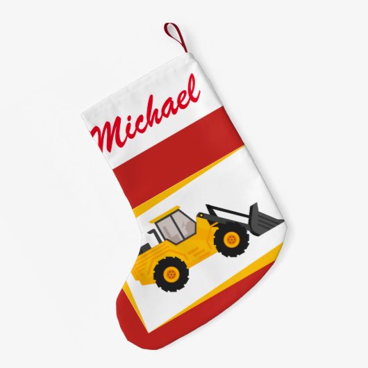 Personalisierter Gelbladertraktor auf Rot Kleiner Weihnachtsstrumpf (Rückseite (Hängend))