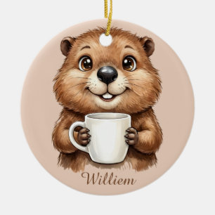 Personalisierter gemütlicher Kaffee-Biber-Waldmorg Keramik Ornament