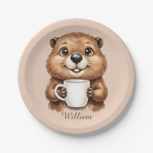 Personalisierter gemütlicher Kaffee-Biber-Waldmorg Pappteller
