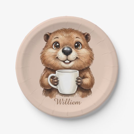 Personalisierter gemütlicher Kaffee-Biber-Waldmorg Pappteller (Vorderseite)