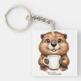 Personalisierter gemütlicher Kaffee-Biber-Waldmorg Schlüsselanhänger