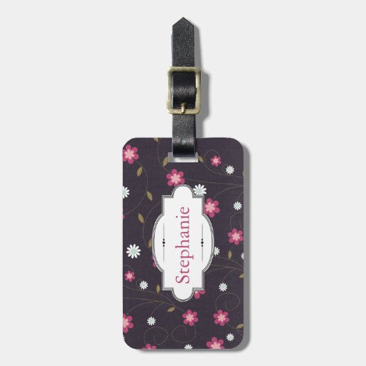Personalisierter Gepäckanhänger mit rosa Blütenmus (Vorderseite vertikal)