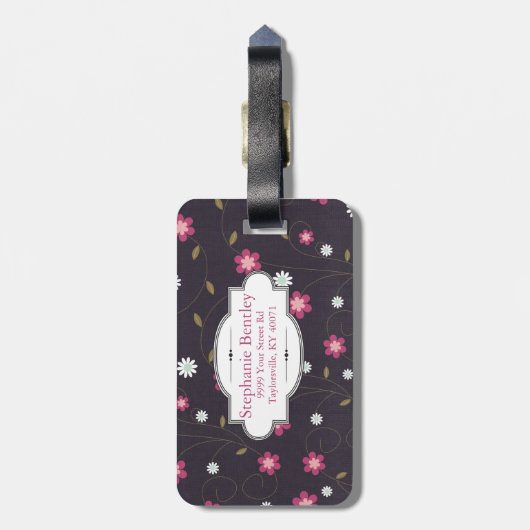 Personalisierter Gepäckanhänger mit rosa Blütenmus (Rückseite vertikal)