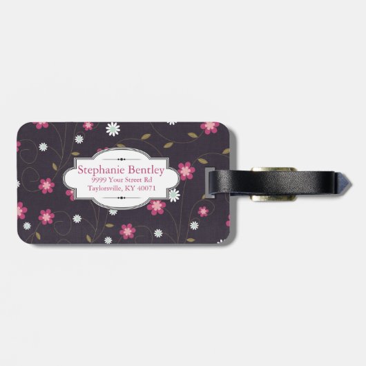 Personalisierter Gepäckanhänger mit rosa Blütenmus (Rückseite horizontal)