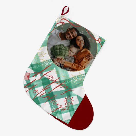 Personalisierter Gingham Großer Weihnachtsstrumpf (Vorderansicht (hängend))