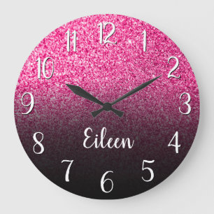 Personalisierter Girly Hot Pink Glitzer Black Ombr Große Wanduhr