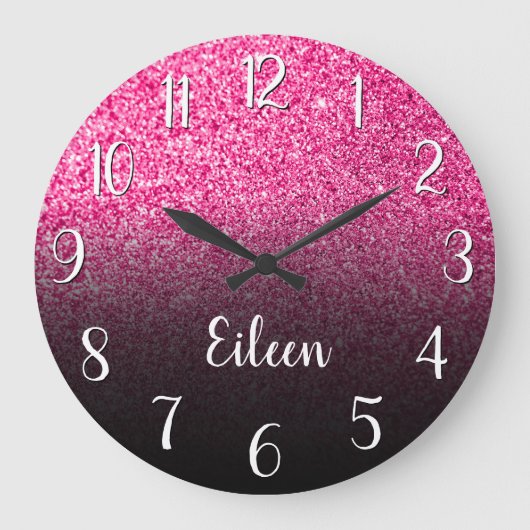 Personalisierter Girly Hot Pink Glitzer Black Ombr Große Wanduhr (Vorderseite)
