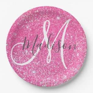 Personalisierter Girly Hot Pink Glitzer Pappteller