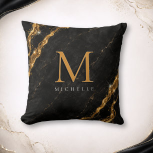 Personalisierter Glam Schwarz Marmor Gold Monogram Kissen