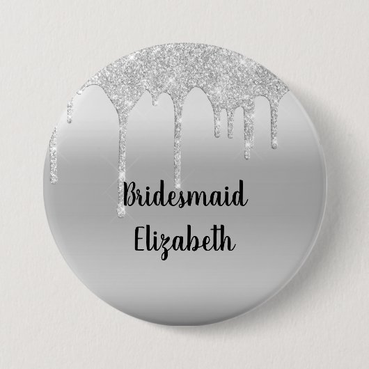 Personalisierter Glitter-Silber-Brautjungfer Button (Vorderseite)