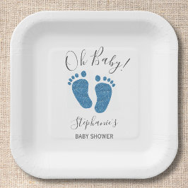 Personalisierter Glitzer Feet Blue Baby Dusche Squ Pappteller