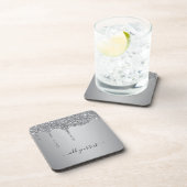 Personalisierter Glitzer-Tropfen für Silber-Text Getränkeuntersetzer (Rechte Seite)