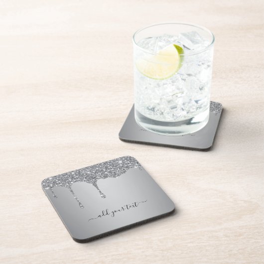 Personalisierter Glitzer-Tropfen für Silber-Text Getränkeuntersetzer (Rechte Seite)