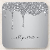 Personalisierter Glitzer-Tropfen für Silber-Text Getränkeuntersetzer (Vorderseite)