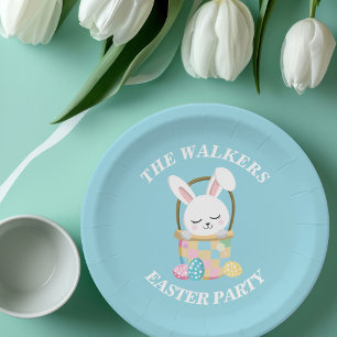 Personalisierter glücklicher Osterhase Baby Blau Pappteller