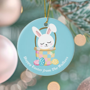 Personalisierter glücklicher Osterhase Babyblau Keramik Ornament