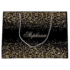 Personalisierter Gold Black Leopard Print Glitzer Große Geschenktüte