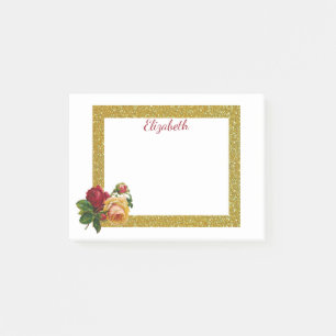 Personalisierter Gold-Glitzer-Border mit Rose Post-it Klebezettel