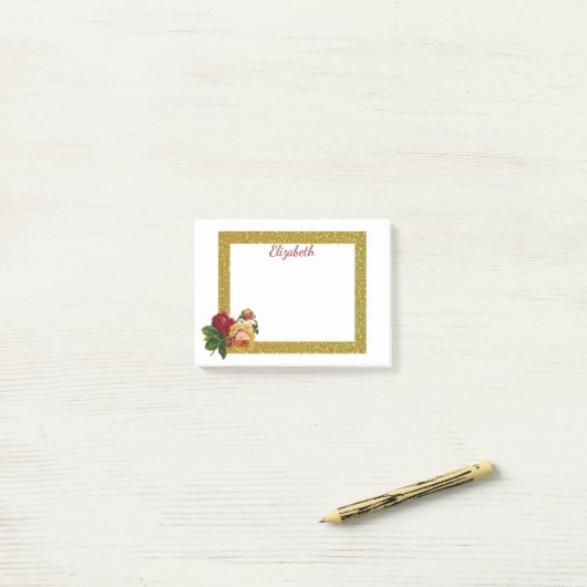 Personalisierter Gold-Glitzer-Border mit Rose Post-it Klebezettel (Auf Schreibtisch)