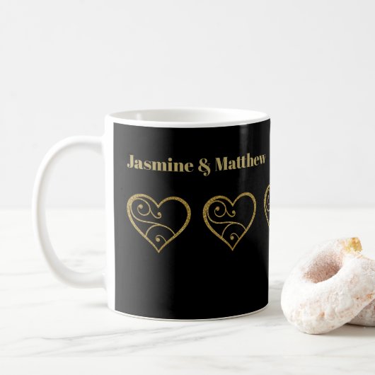 Personalisierter Gold Glitzer Hörer auf Schwarz Kaffeetasse (Mit Donut)