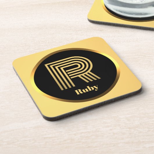 Personalisierter Gold-Mit Monogramm Buchstabe R Getränkeuntersetzer (Linke Seite)