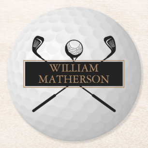 Personalisierter Gold- und Schwarz-Golfball Classi Runder Pappuntersetzer