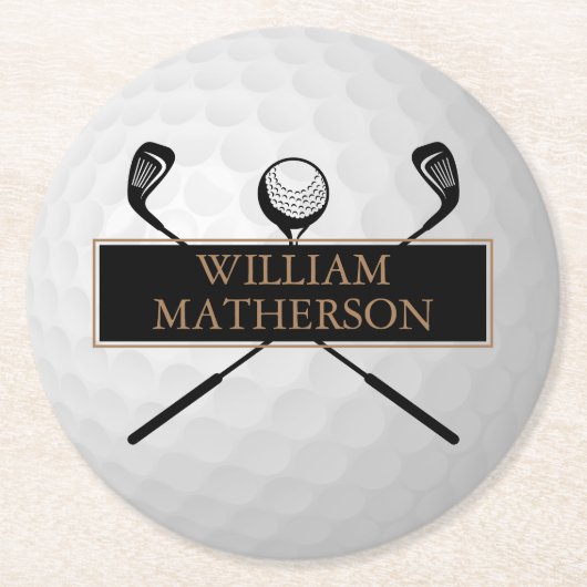 Personalisierter Gold- und Schwarz-Golfball Classi Runder Pappuntersetzer (Vorderseite)