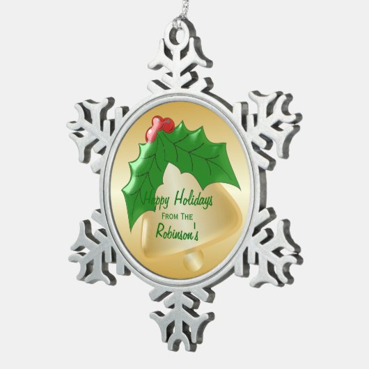 Personalisierter Goldbell-Stechpalmen-Entwurf Schneeflocken Zinn-Ornament (Rechts)