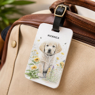 Personalisierter Golden Retriever Welpe in Blumen Gepäckanhänger