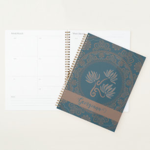 Personalisierter goldener Teal-Rokoko-Lotus-Punkt- Planer