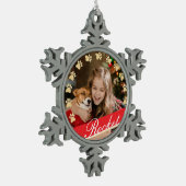 Personalisierter Goldhaustier-Tatzen-Druck u. Schneeflocken Zinn-Ornament (Links)