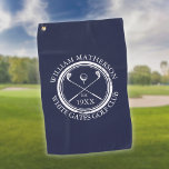 Personalisierter Golf Club Name Navy Blue Golfhandtuch<br><div class="desc">Mit einem klassischen Crossing-Golfclub und einem ausgeprägten Golf-Design und einer gealterten Briefmarke sind diese Handtücher ideal für alle Golfclubs und Golfclubs. Personalisieren Sie Ihren Aufenthalt mit dem Namen des Clubmitglieds,  dem Namen des Golfklubs und dem Jahr,  in dem der Golfclub gegründet wurde. Entwickelt von Thisisnotme©</div>