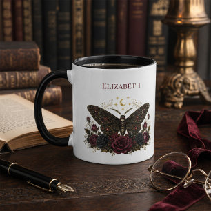 Personalisierter gotischer Motten Burgunder-Rosen Tasse