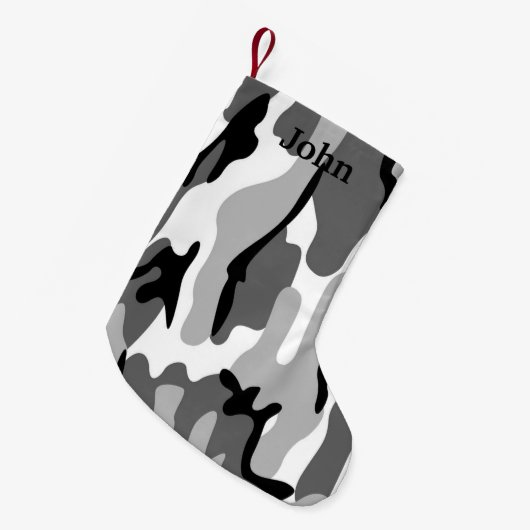 Personalisierter grauer und schwarzer Camouflage W Kleiner Weihnachtsstrumpf (Vorderansicht (hängend))