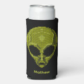 Personalisierter grüner Alien-Kopf  Selters Dosenkühler (Seltzer Vorderseite)