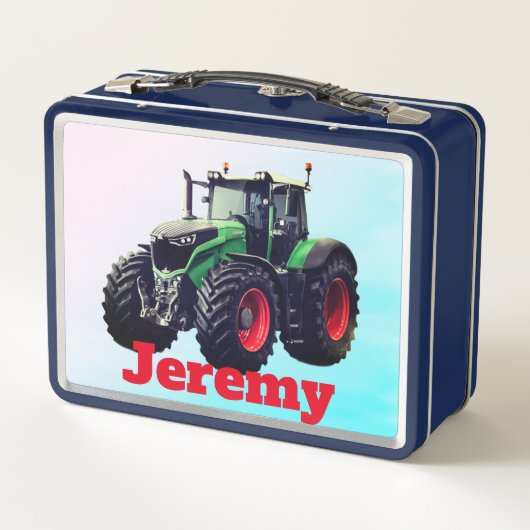 Personalisierter grüner Bauernhof-Traktor Metall Lunch Box (Rückseite)