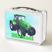 Personalisierter grüner Bauernhof-Traktor Metall Lunch Box (Rückseite)