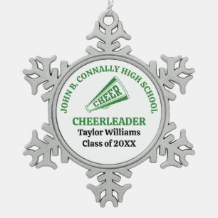 Personalisierter grüner Cheerleader der High Schoo Schneeflocken Zinn-Ornament